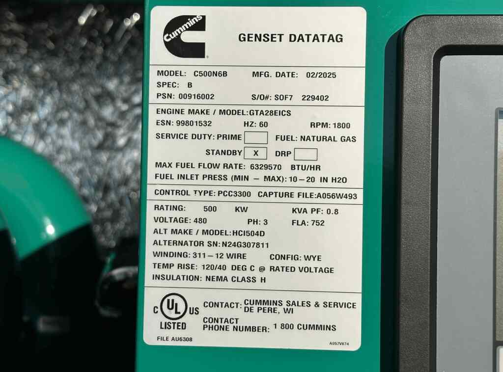 Cummins C500N6B Standby Natural Gas Generator